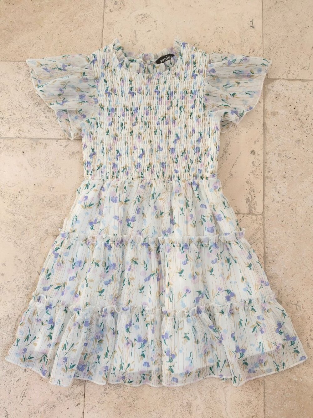 Zunie Metallic Floral Flutter Sleeve Smocked Bodice Party Dress - size 5.